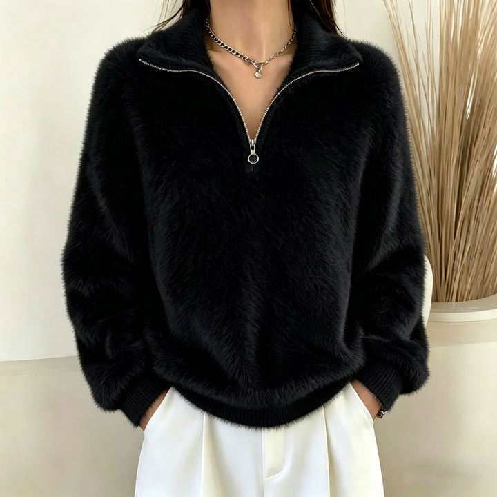 Damen Flauschiger Halbzipp-Pullover mit Stehkragen Drune