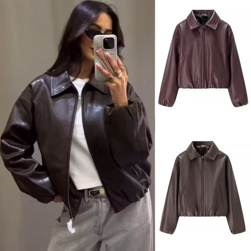 Damen Kurz geschnittener Lederimitat-Blouson mit Reißverschluss und Gummizugsaum Drune