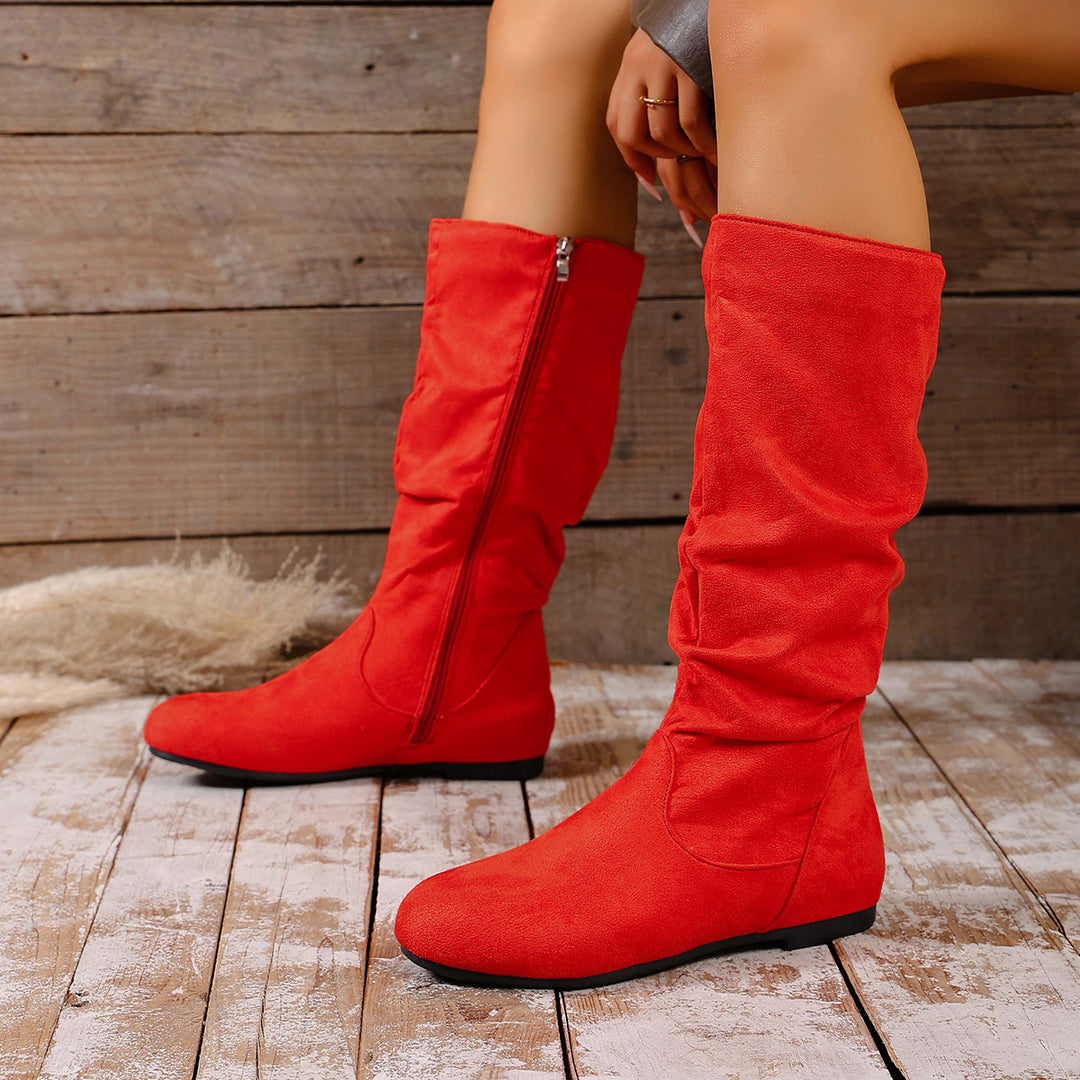 Damen kniehoher Slouch-Stiefel mit seitlichem Reißverschluss und flacher Profilsohle Drune