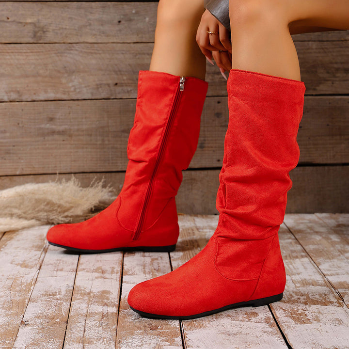 Damen kniehoher Slouch-Stiefel mit seitlichem Reißverschluss und flacher Profilsohle Drune