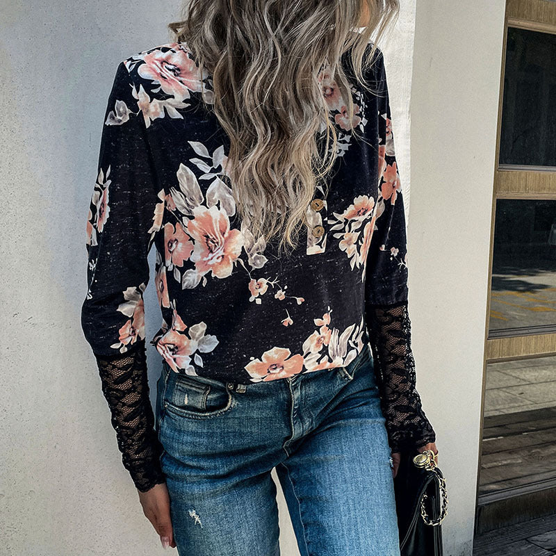 Damen Henley-Top mit Rosenprint, Spitzenmanschetten und Zierknopfleiste Drune