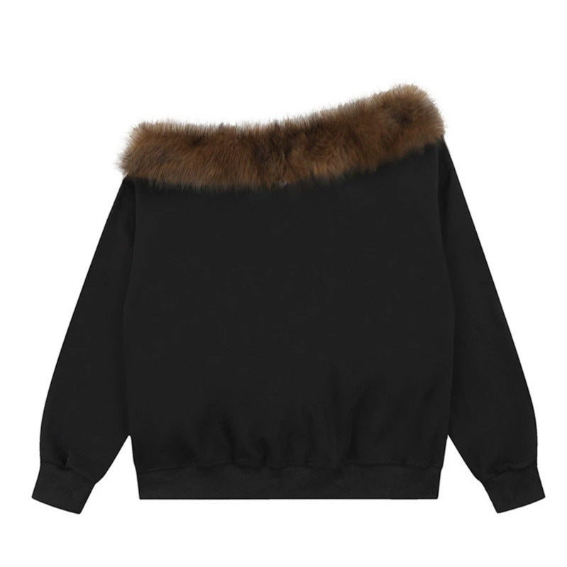 Damen Oversize-Sweatshirt mit Kunstfellkragen, Rippbündchen und Statement-Print Drune
