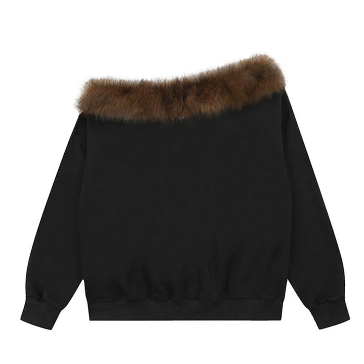 Damen Oversize-Sweatshirt mit Kunstfellkragen, Rippbündchen und Statement-Print Drune