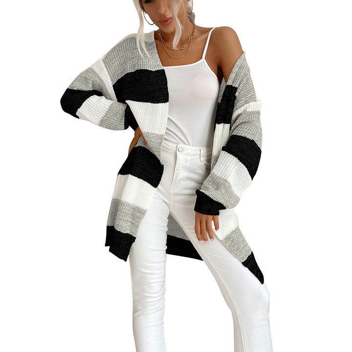 Damen Langer Oversize-Strickcardigan mit Blockstreifen und offener Front Drune