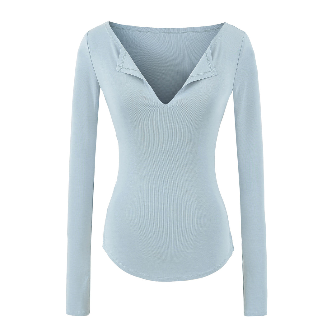 Damen Figurbetontes Rippenstrick-Longsleeve mit tiefem V‑Ausschnitt und Kragenblende Drune