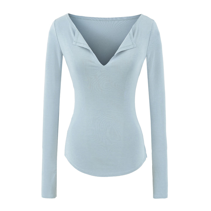 Damen Figurbetontes Rippenstrick-Longsleeve mit tiefem V‑Ausschnitt und Kragenblende Drune