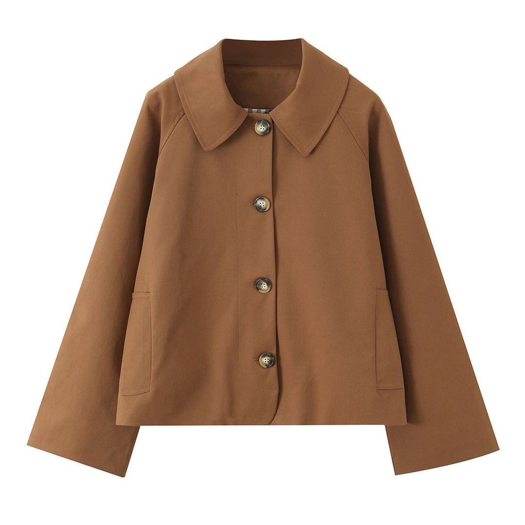 Damen Kurz geschnittene Boxy-Jacke mit weitem Hemdkragen und durchgehender Knopfleiste Drune