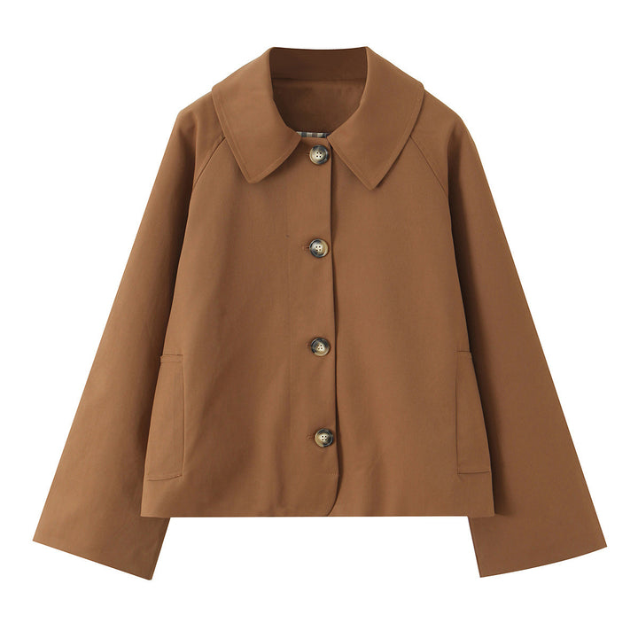 Damen Kurz geschnittene Boxy-Jacke mit weitem Hemdkragen und durchgehender Knopfleiste Drune