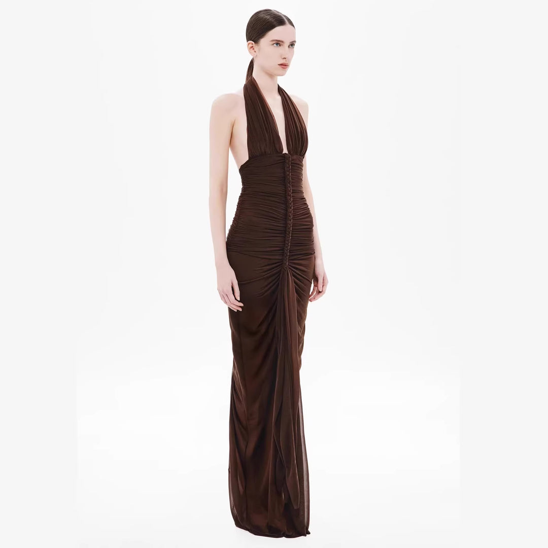 Damen Exquisites gerafftes Maxikleid mit tiefem V-Ausschnitt und eleganten Drapierungen Drune