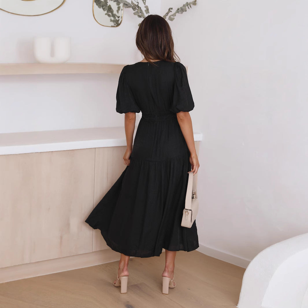 Damen Maxikleid mit tiefem V-Ausschnitt und voluminösen Puffärmeln Drune