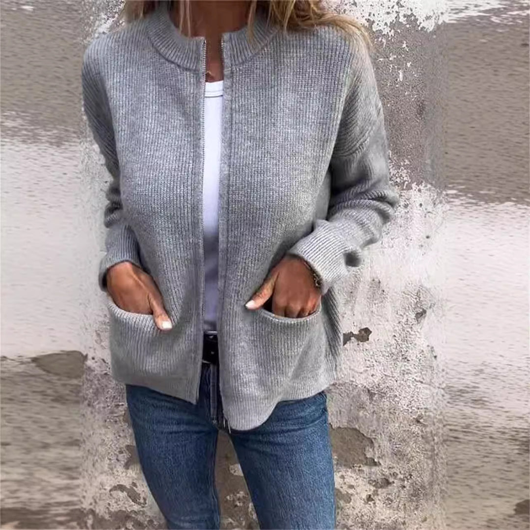 Damen Offene Strickjacke mit Rundhalsausschnitt, Eingrifftaschen und Relaxed-Fit Drune