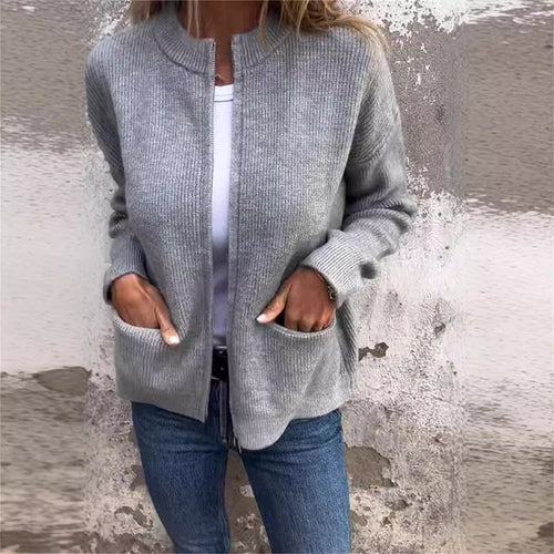 Damen Offene Strickjacke mit Rundhalsausschnitt, Eingrifftaschen und Relaxed-Fit Drune