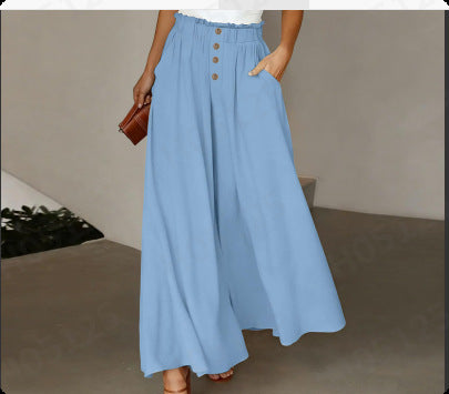 Damen weite Leinenhose mit hohem, gerafftem Bund und Knopfverzierung Drune