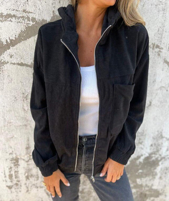 Damen Cord-Zipjacke mit Kapuze, Rippstruktur und Eingrifftaschen Drune