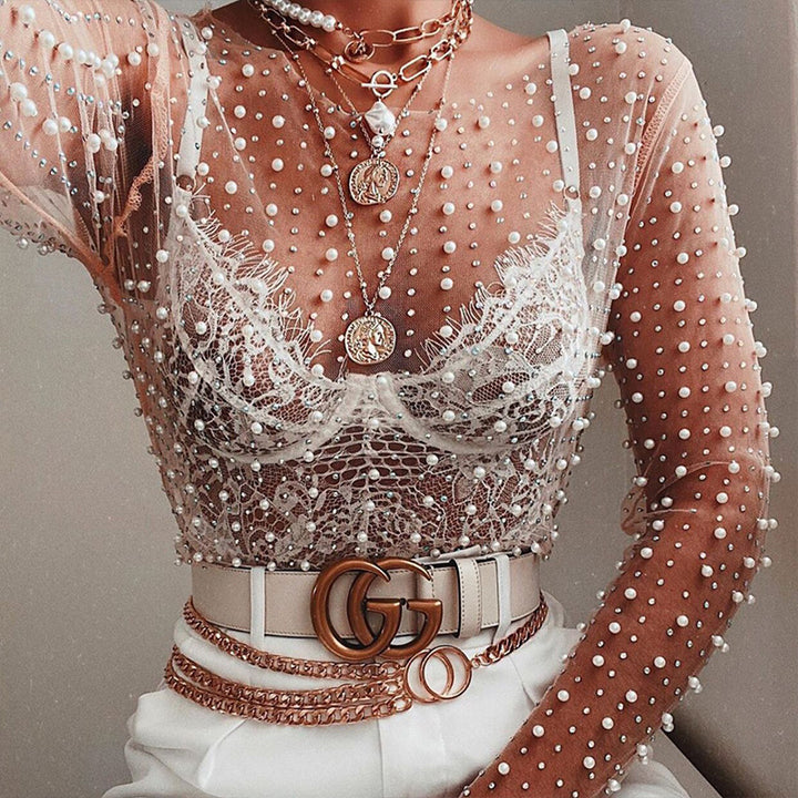 Damen glitzerndes Langarm-Top mit Strassverzierungen Drune