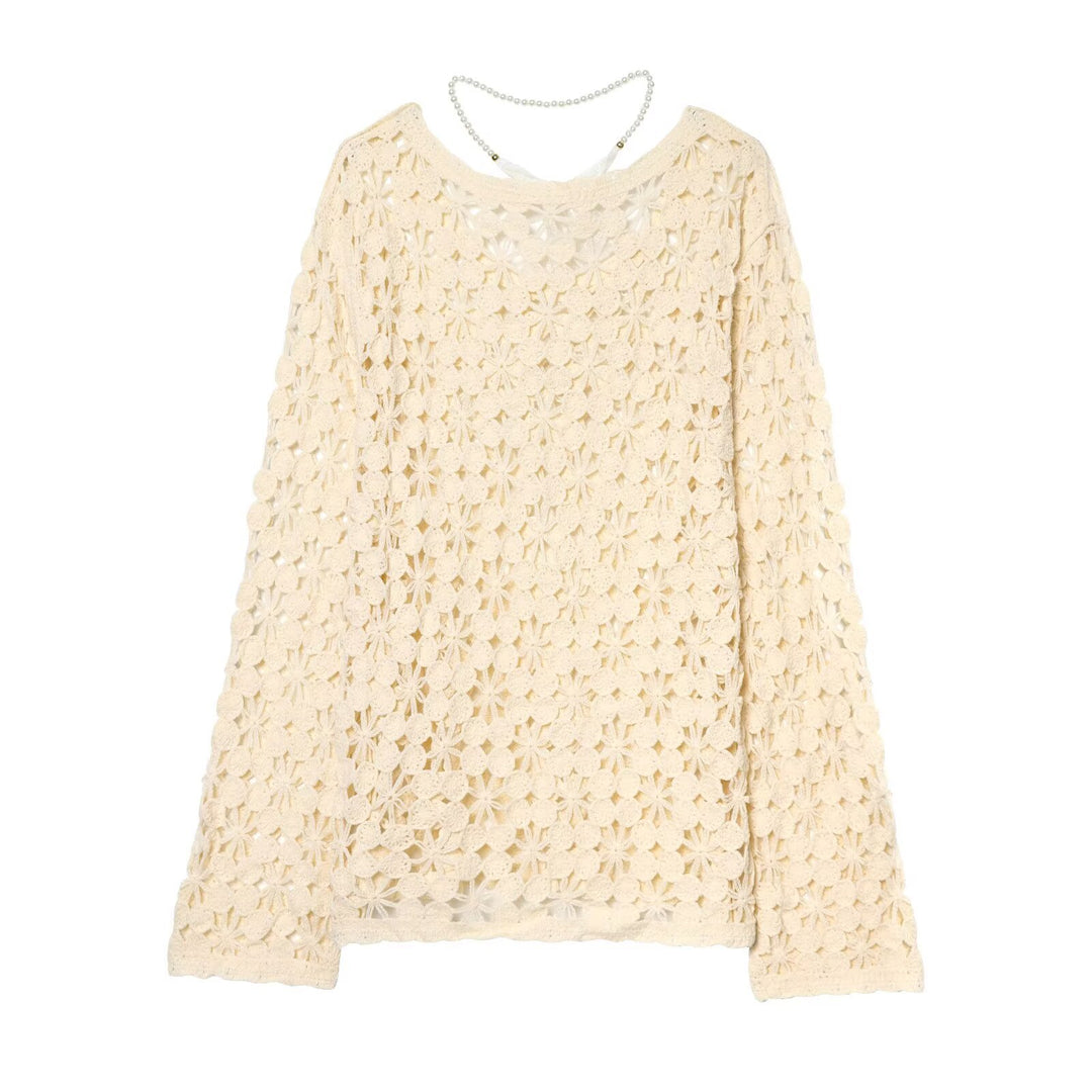 Damen Häkelpullover mit floraler Lochspitze und zarter Spitzen-Schleife Drune
