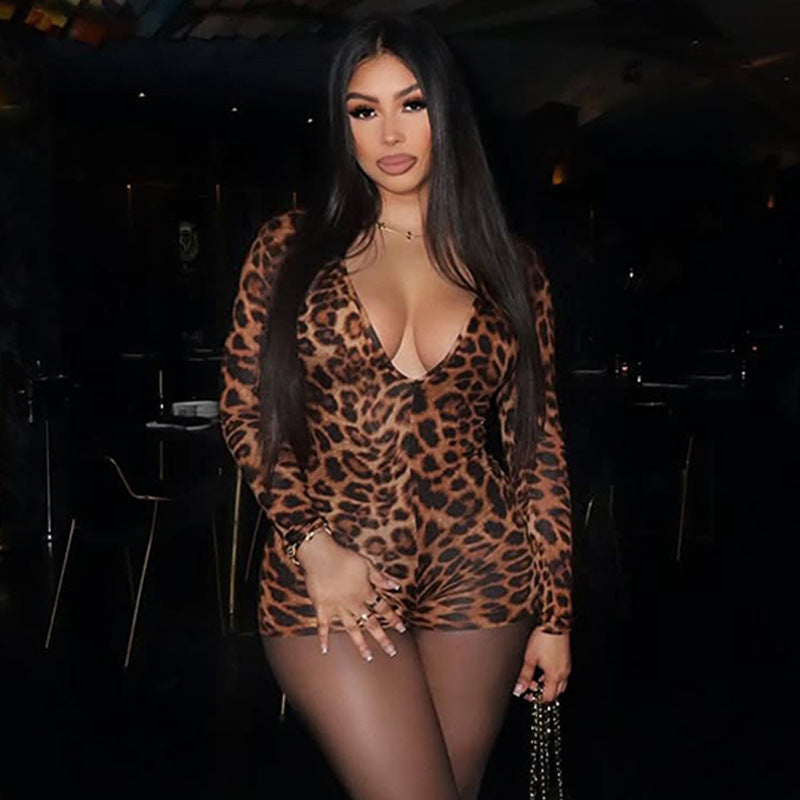 Damen stylischer Leopardenmuster Bodysuit mit V-Ausschnitt und langen Ärmeln Drune