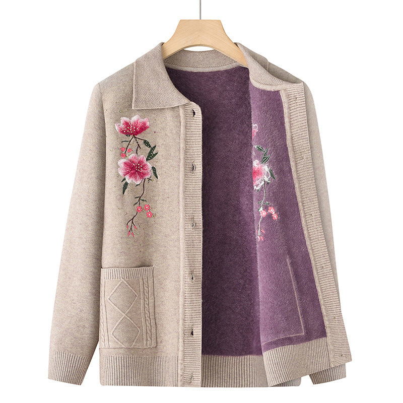Damen nan bestickte Strickjacke mit Hemdkragen, Eingrifftaschen und floraler Stickerei Drune