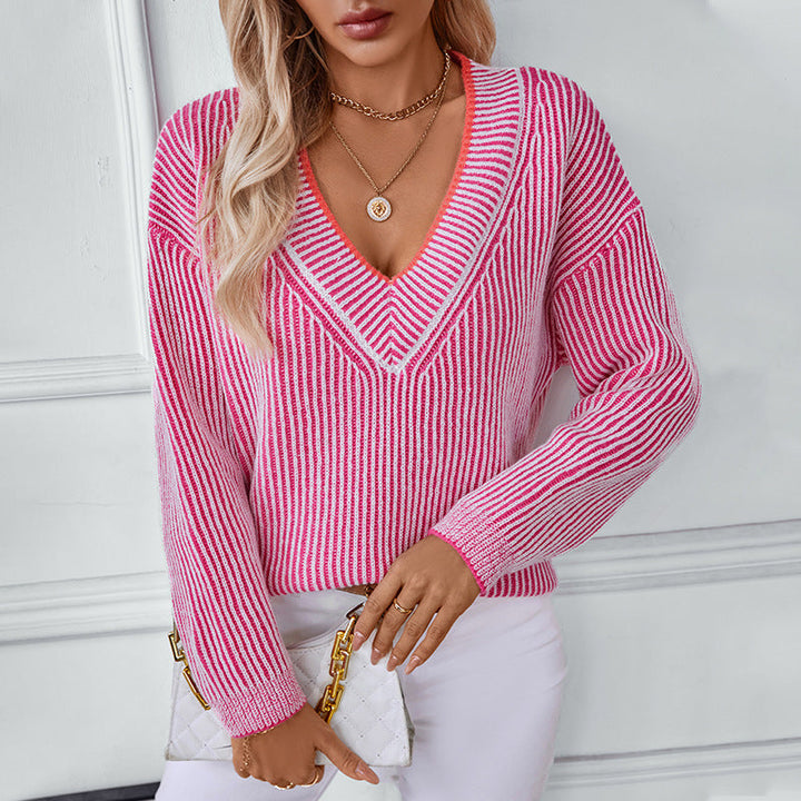 Damen Strickpullover mit V-Ausschnitt und gestreiftem Design Drune