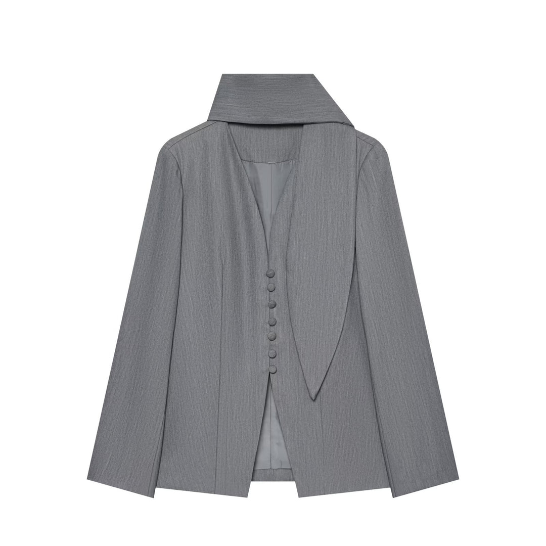 Damen Eleganter Longline-Blazer mit hohem Funnelkragen und überziehbaren Stoffknöpfen Drune
