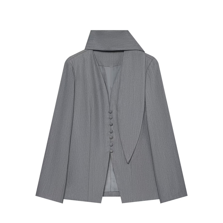 Damen Eleganter Longline-Blazer mit hohem Funnelkragen und überziehbaren Stoffknöpfen Drune