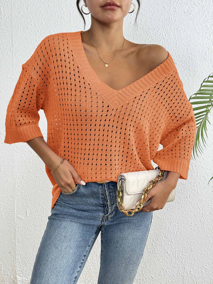 Damen luftiger Strickpullover mit V-Ausschnitt und dekorativem Lochmuster Drune