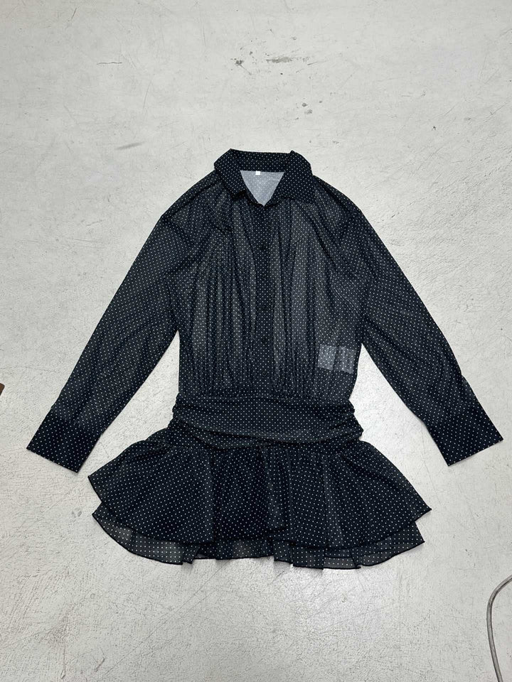 Damen Polka-Dot Kleid mit voluminösen Rüschendetails und transparenten Ärmeln Drune