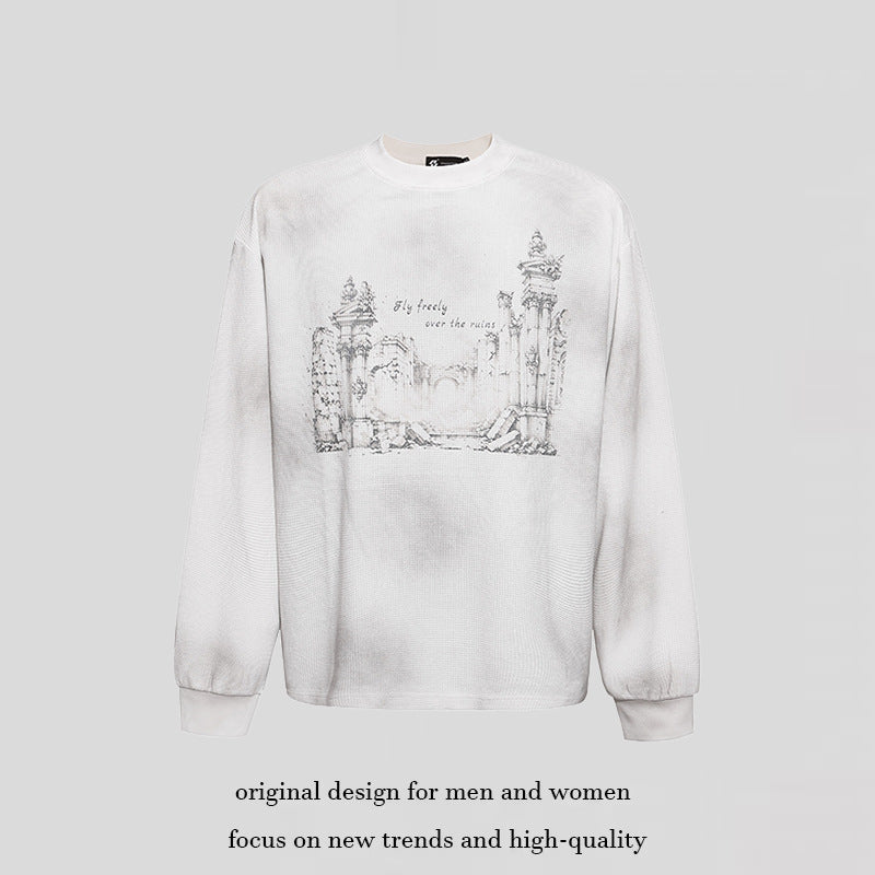 Damen Oversize-Sweatshirt mit Waffelstruktur, Rundhalsausschnitt und Ruinen-Skizzenprint Drune