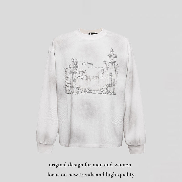 Damen Oversize-Sweatshirt mit Waffelstruktur, Rundhalsausschnitt und Ruinen-Skizzenprint Drune