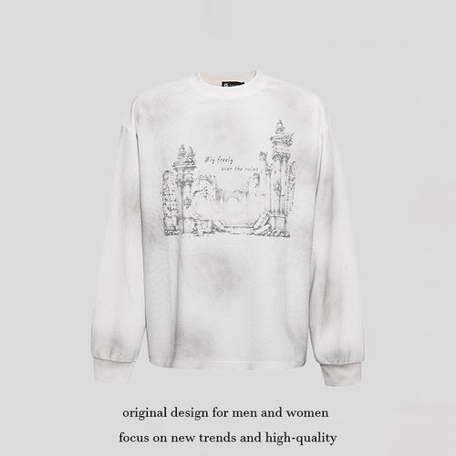 Damen Oversize-Sweatshirt mit Waffelstruktur, Rundhalsausschnitt und Ruinen-Skizzenprint Drune