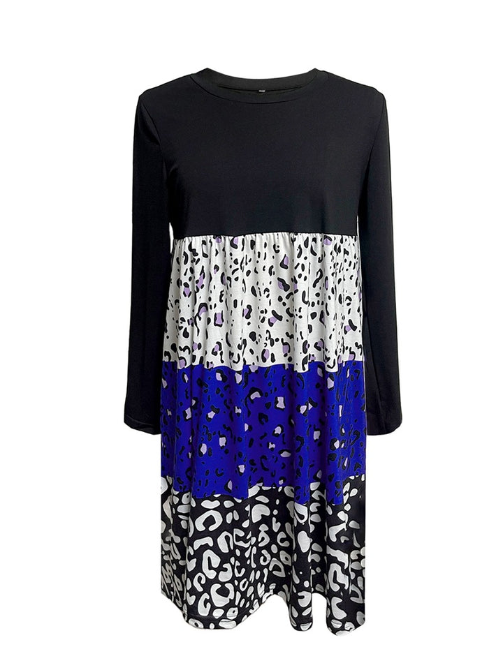 Damen nan langärmliges Stufenkleid mit geraffter Empire-Taille und gemischtem Animal-Print Drune