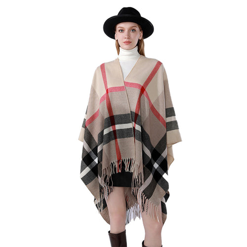 Damen Oversize-Poncho im Kaschmir‑Touch mit V‑Ausschnitt und Fransensaum Drune