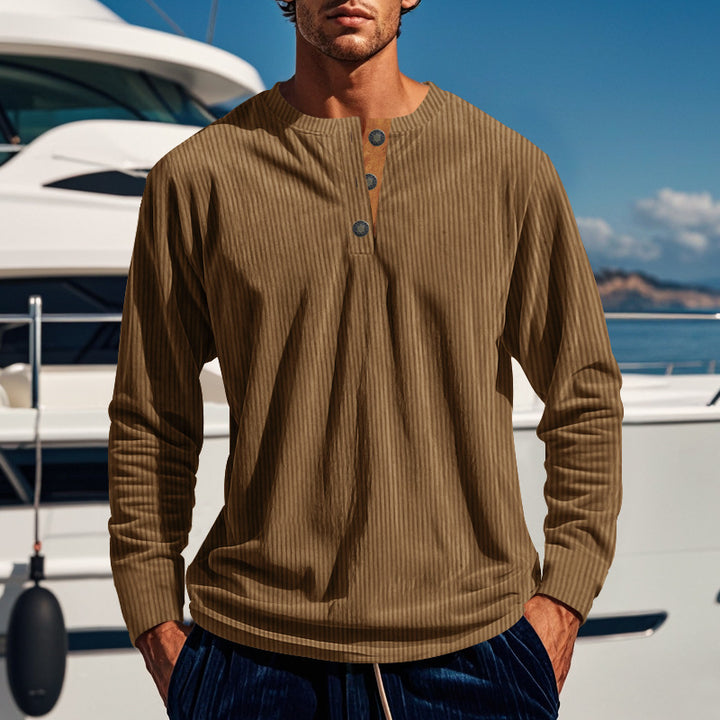 Herren nan gerippter Langarm-Henleypullover mit kurzem Stehkragen und dekorativer Knopfleiste Drune