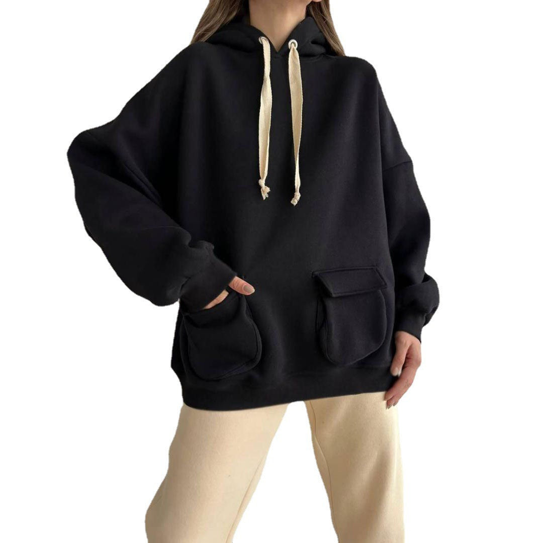Damen nan Oversize-Kapuzenpullover mit aufgesetzten Klappentaschen und extra-langen Kordeln Drune