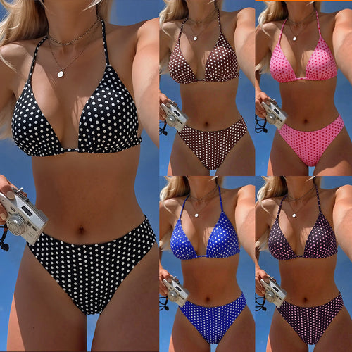 Damen Triangel-Bikini mit modischem Tupfenmuster und verstellbaren Trägern Drune