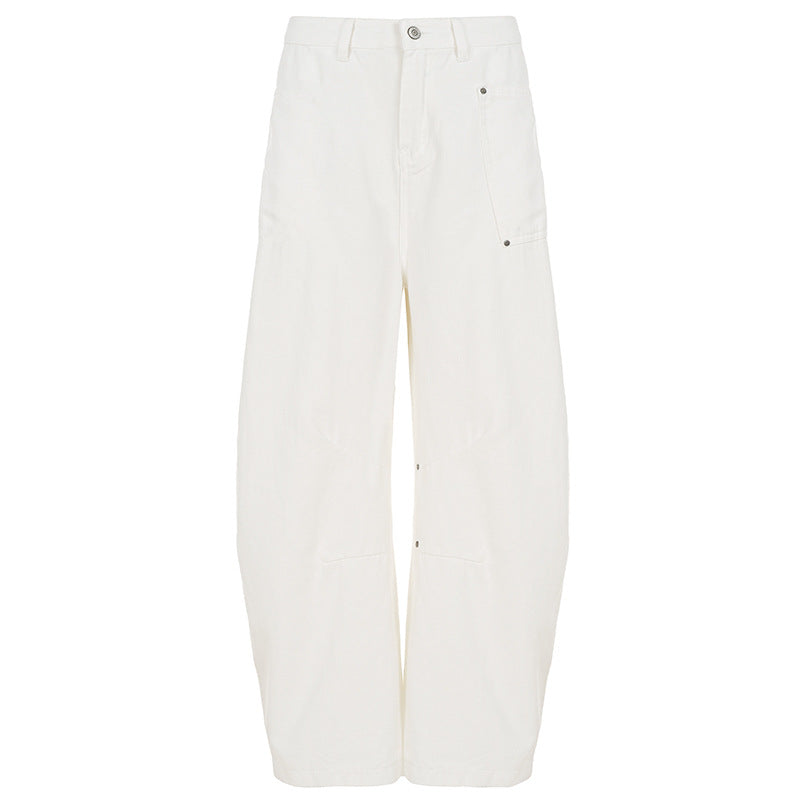 Damen nan weite Highwaist-Canvas-Hose im Carpenter‑Stil mit hohem Bund und aufgesetzten Taschen Drune