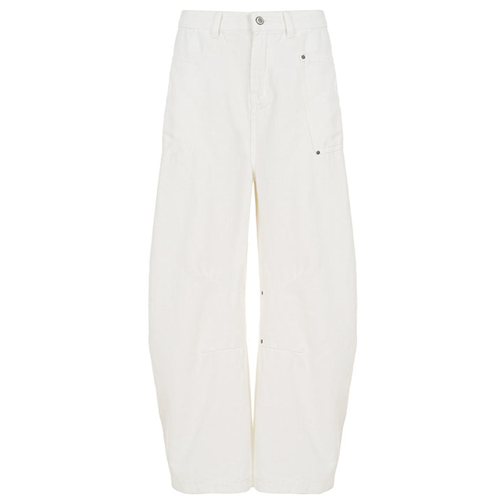 Damen nan weite Highwaist-Canvas-Hose im Carpenter‑Stil mit hohem Bund und aufgesetzten Taschen Drune