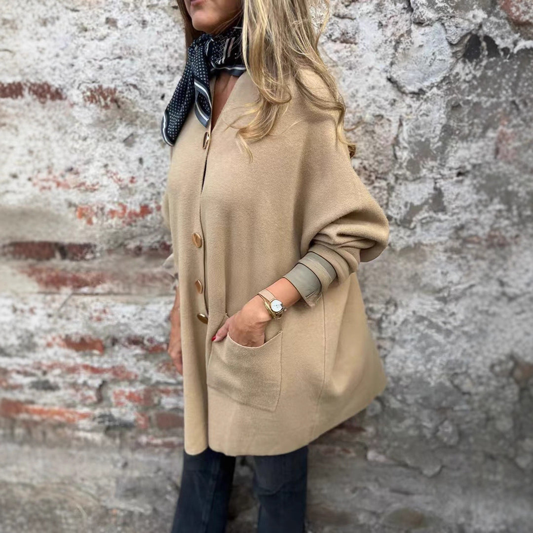 Damen Oversize Strickmantel-Cardigan mit aufgesetzten Taschen und Zierknöpfen Drune