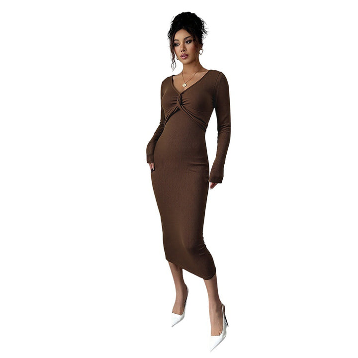 Damen geripptes Midikleid mit Twist-Detail, V-Ausschnitt und taillierter Stretch-Silhouette Drune