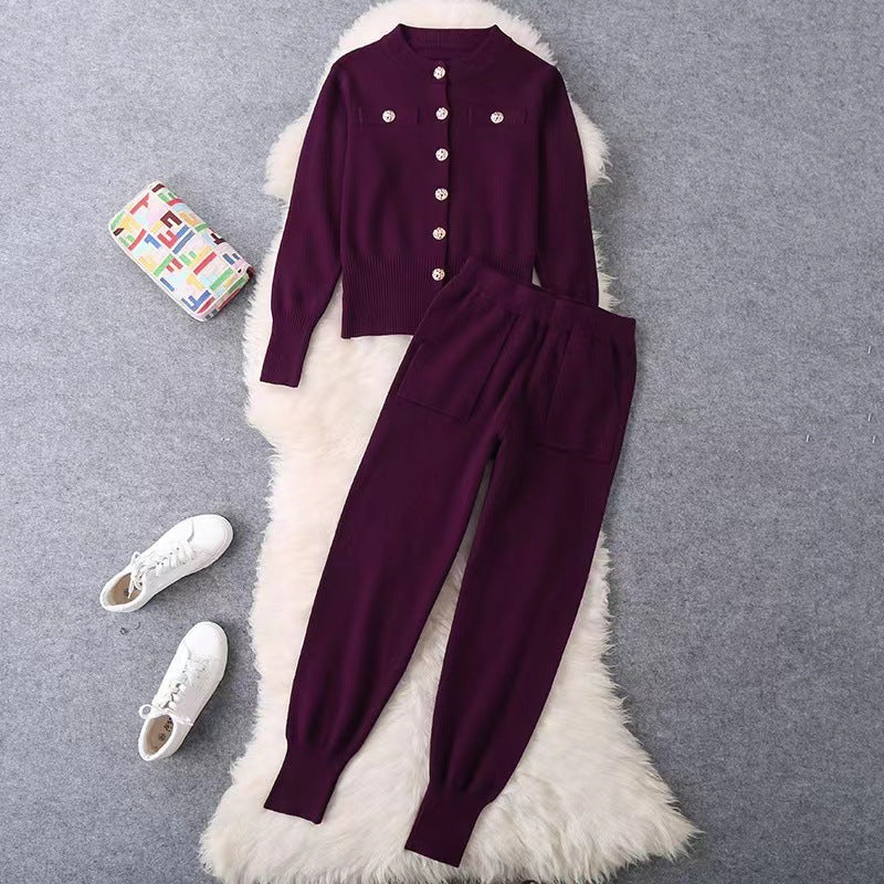Damen elegantes Strickanzug-Set mit Knopfdétails Drune