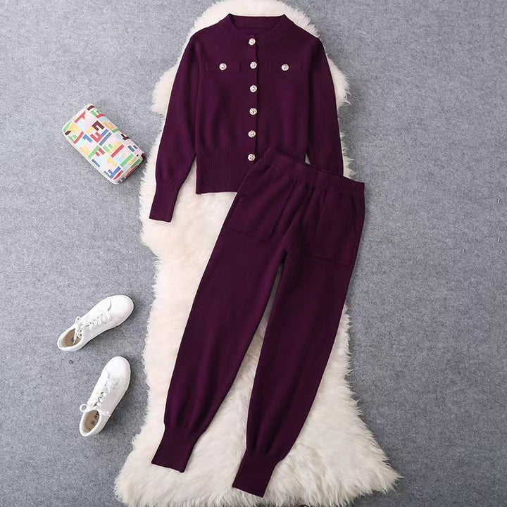 Damen elegantes Strickanzug-Set mit Knopfdétails Drune