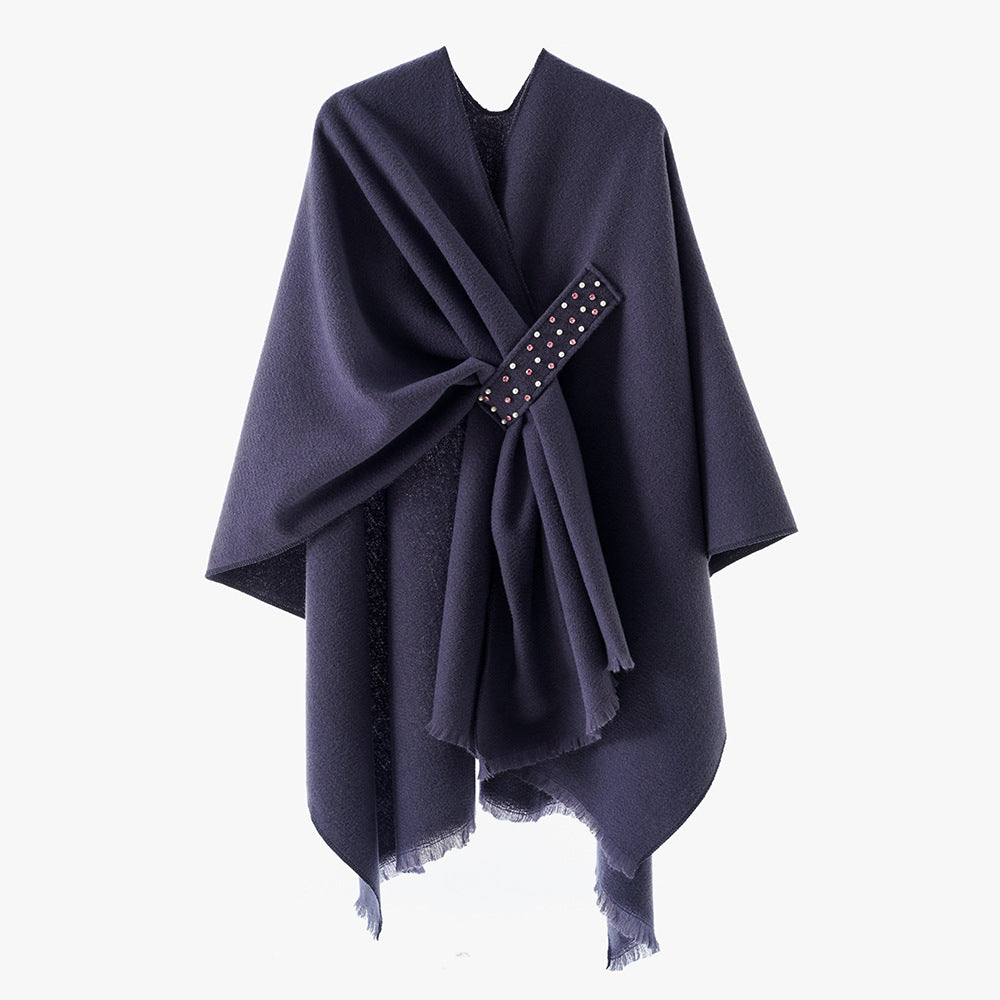 Damen Eleganter Wickel-Umhang aus Wollmischung mit Taillenschärpe und Fransensaum Drune