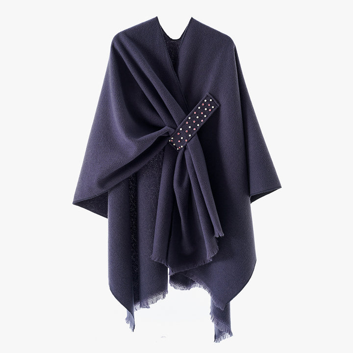 Damen Eleganter Wickel-Umhang aus Wollmischung mit Taillenschärpe und Fransensaum Drune