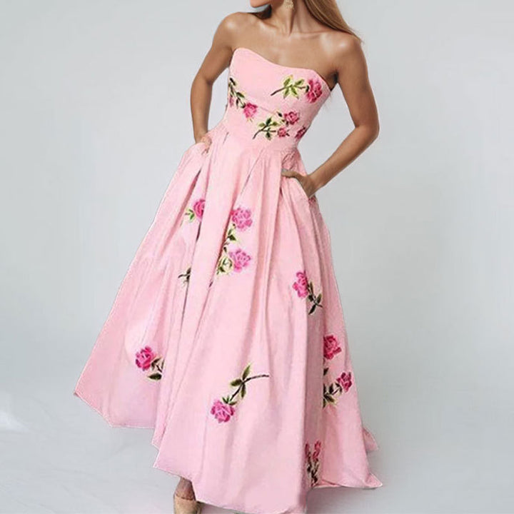 Damen Elegantes Strapless Maxikleid mit floralem Design und seitlichen Taschen Drune