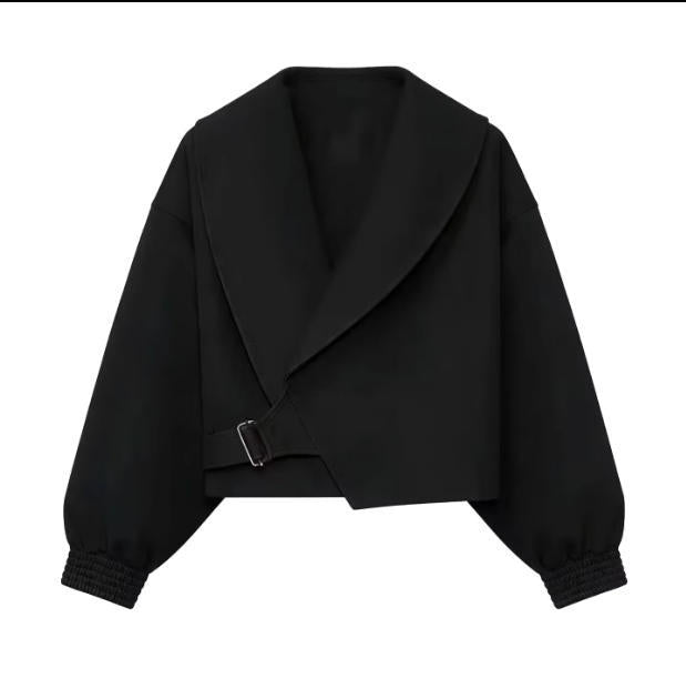 Damen 40+ Cropped Wickelblouson mit übergroßen Ballonärmeln und asymmetrischem Schnallenverschluss Drune