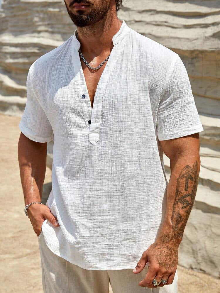 Herren Kurzarm Henley Hemd mit modernem Stehkragen aus leichtem Baumwollmaterial Drune