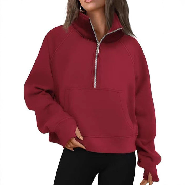 Damen nan oversized Halbzip Pullover mit Kängurutasche, Daumenlöchern und hohem Kragen Drune