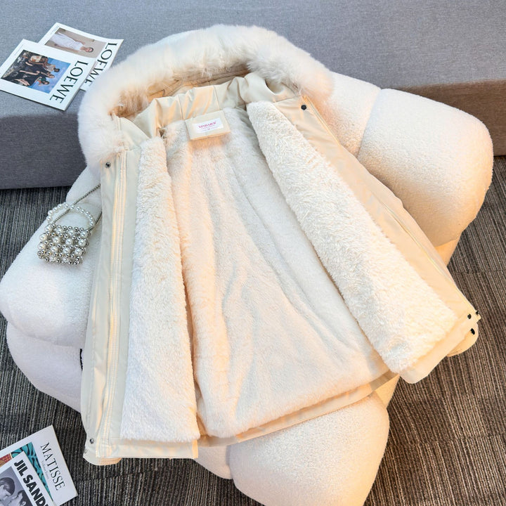 Damen nan kurze gefütterte Parka mit Kunstpelzkragen Teddyfutter Taillenzug und Multifunktions-Taschen Drune