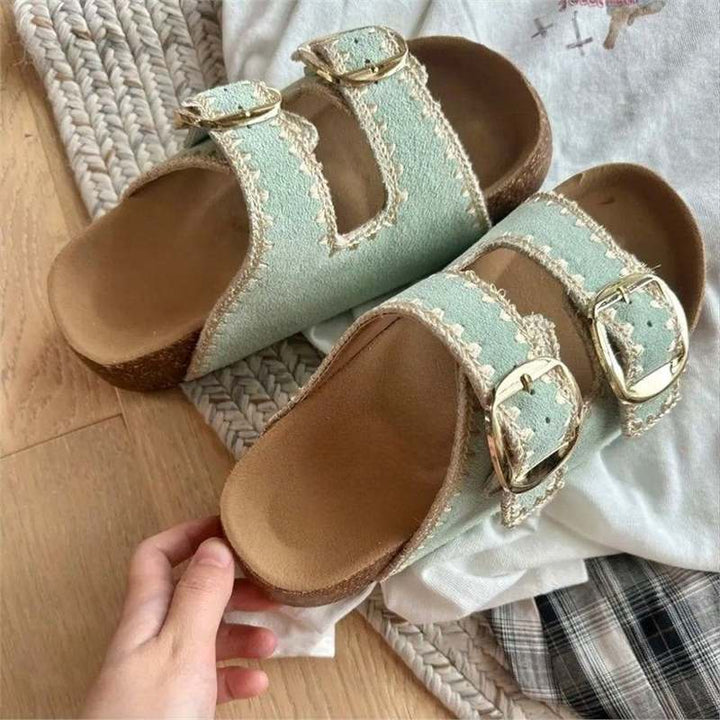 Damen Comfort-Sandalen mit zweifachen verstellbaren Riemen, gepolstertem anatomischem Fußbett und goldener Metallschnalle Drune