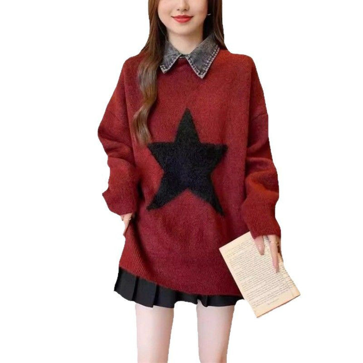 Damen gemütlicher Pullover mit großem Sternmotiv Drune